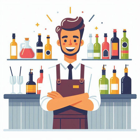 Bartender at the counter with bottles of wine. Flat style vector illustration.のイラスト素材