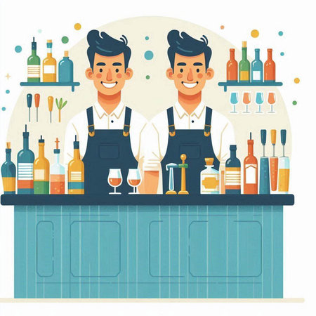 Bartender standing at the bar counter. Vector flat illustration.のイラスト素材