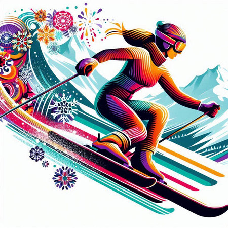 Skiing girl with snowboard, abstract vector background illustration.のイラスト素材
