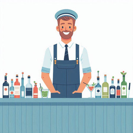 Bartender standing at the bar counter. Vector illustration in cartoon styleのイラスト素材