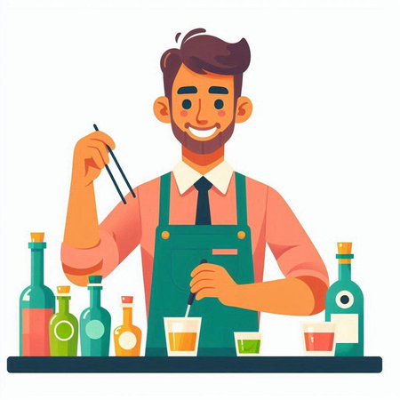 Bartender man in apron making cocktail. Vector illustration in cartoon styleのイラスト素材