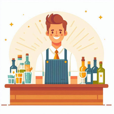 Bartender standing at the bar counter. Flat vector illustration.のイラスト素材