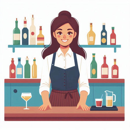 Female bartender standing at the bar counter. Vector illustration in cartoon style.のイラスト素材