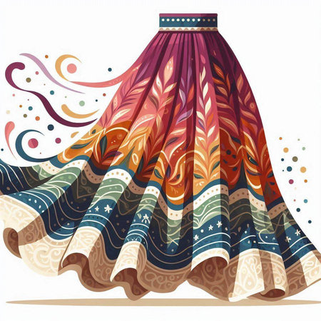 Illustration of a colorful skirt with floral ornament on a white backgroundのイラスト素材