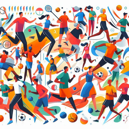 Sport seamless pattern with men and women playing tennis, volleyball, tennis, basketball, baseball, badminton, baseball, tennis, tennis.のイラスト素材