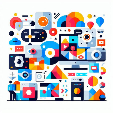 Abstract colorful geometric shapes on white background. Flat style vector illustration.のイラスト素材