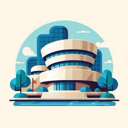 Modern office building in flat style. Vector illustration of modern office building.のイラスト素材