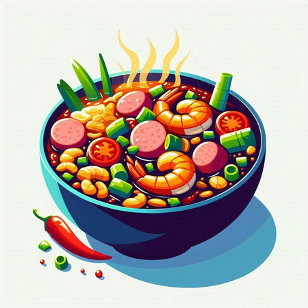 Illustration of a bowl of spicy soup with shrimps and vegetablesのイラスト素材