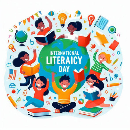 International Literacy Day concept with group of kids reading books and having fun together, flat vector illustration.のイラスト素材