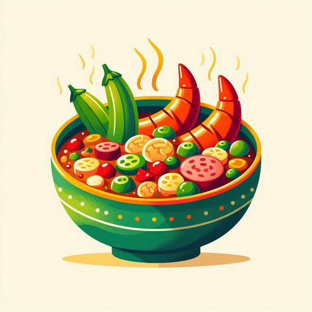 Illustration of a bowl of vegetable soup with shrimps.のイラスト素材