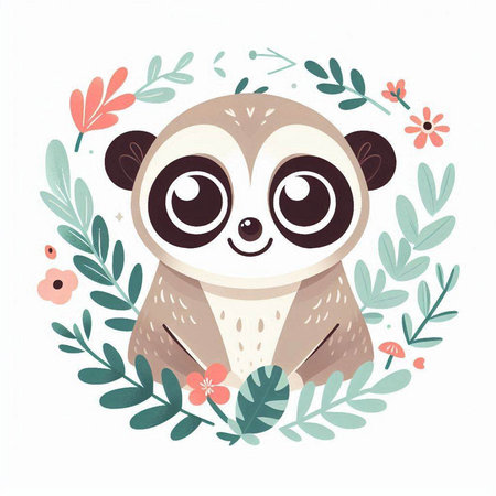Cute hand drawn vector illustration of cute lemur with flowers and leaves.のイラスト素材