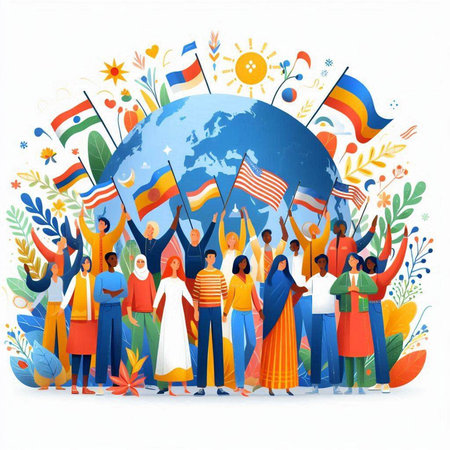 Indian people with flags on the background of the planet Earth. Vector illustration.のイラスト素材