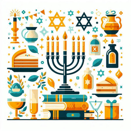 Jewish holiday Hanukkah greeting card with menorah, candelabra, torah book, candles, wine, star of david and other symbols. Vector illustration.のイラスト素材