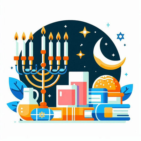 Vector illustration of Jewish holiday Hanukkah with menorah, books, candelabra, dreidel, donuts, candles and stars. Happy Hanukkah.のイラスト素材