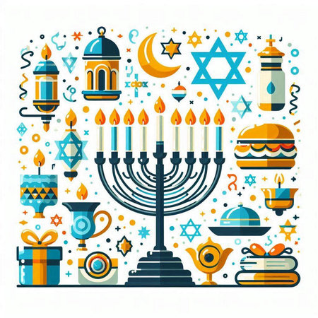 Hanukkah greeting card with menorah, candelabra, candles, donuts, donuts and other symbols. Vector illustration.のイラスト素材