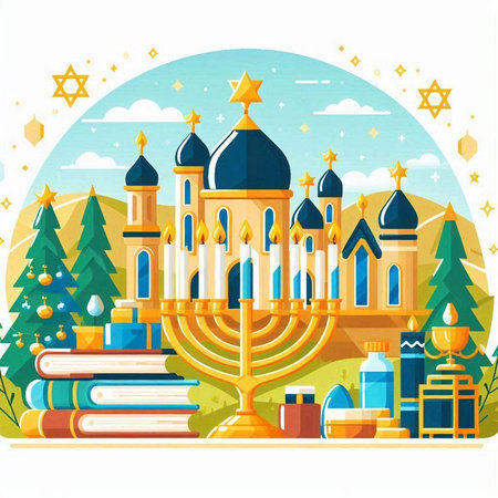Vector illustration of Jewish holiday Hanukkah with menorah, books and candelabraのイラスト素材