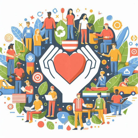 Vector illustration with people holding heart in hand. Love and care conceptのイラスト素材