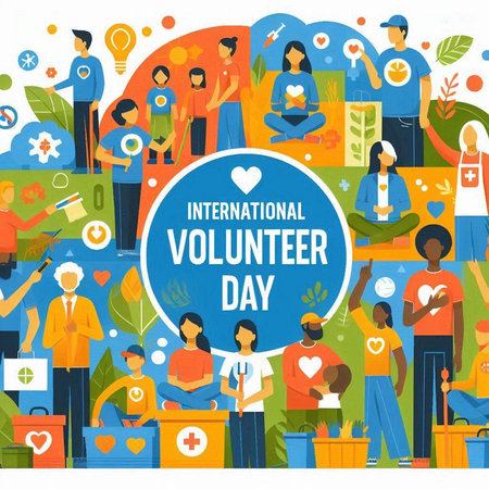 International Volunteer Day poster with flat icons of workers and volunteers, vector illustrationのイラスト素材