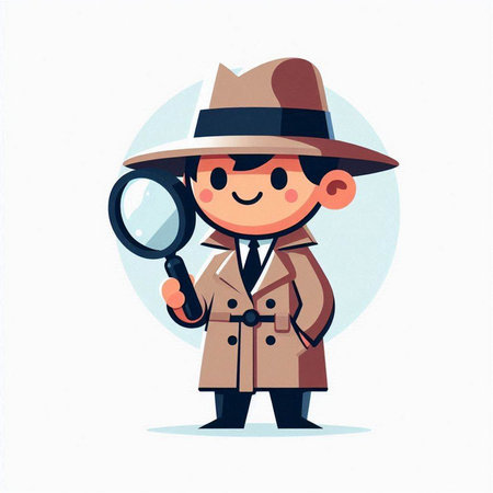Cartoon detective with magnifying glass on white background. Vector illustration.のイラスト素材
