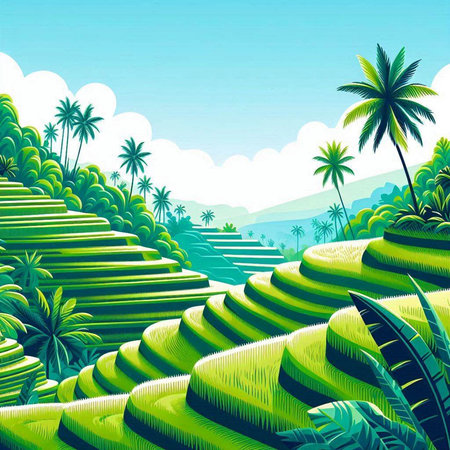 Illustration of green tropical landscape with palm trees, hills and palmsのイラスト素材
