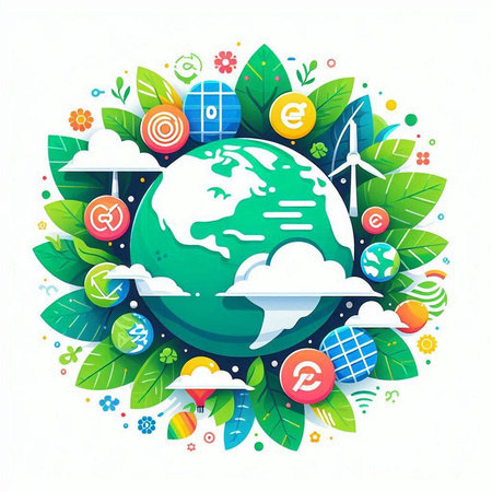 Ecology concept with green planet and icons on white background vector illustrationのイラスト素材