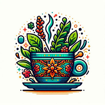 Vector illustration of a cup of tea decorated with flowers and leaves.のイラスト素材