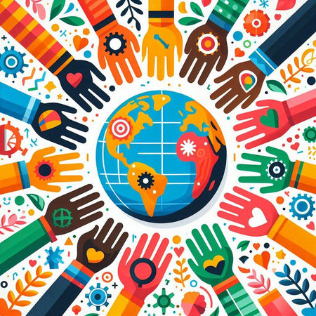 Vector illustration of human hands around the world. Concept for Earth Day.のイラスト素材