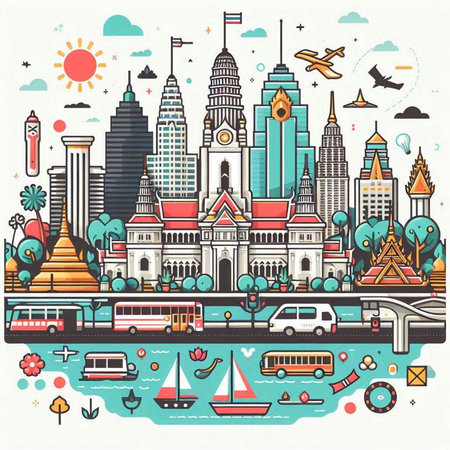 Thailand travel. Vector illustration of Bangkok city with famous landmark.のイラスト素材