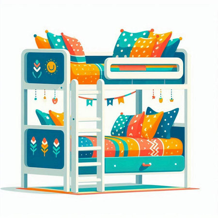 Bunk bed with colorful pillows and blanket. Vector illustration.のイラスト素材