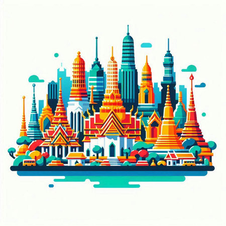 Bangkok city skyline in flat style. Vector illustration of Thailand.のイラスト素材