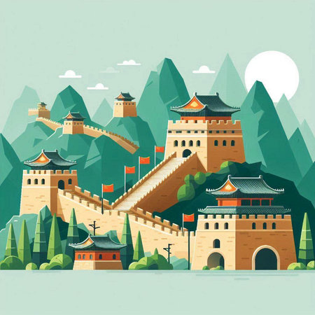 Ancient city wall with towers and towers in the mountains. Vector illustrationのイラスト素材