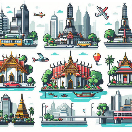 Thailand travel and tourism icon set with famous landmarks and attractions isolated vector illustrationのイラスト素材
