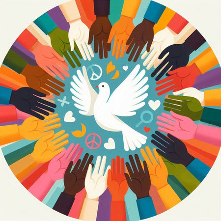 International Day of Peace. Vector illustration of hands with dove in circleのイラスト素材