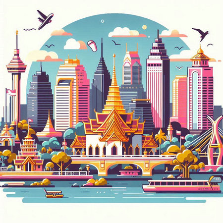 Bangkok cityscape with famous landmark. Vector illustration in flat styleのイラスト素材