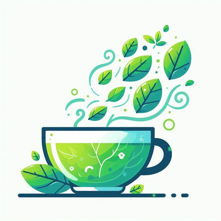 Cup of green tea with leaves. Vector illustration in flat style.のイラスト素材