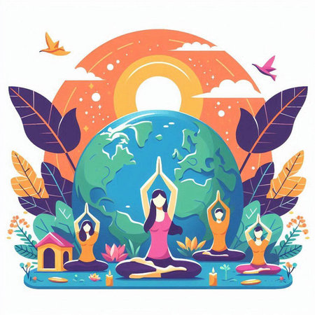 Vector illustration of a girl practicing yoga in the lotus position on the earth.のイラスト素材
