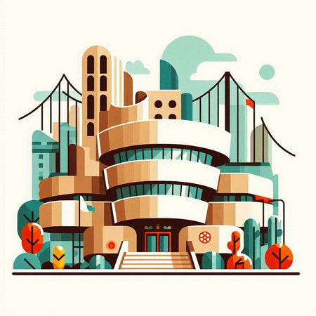 Cityscape with modern buildings. Vector illustration in flat cartoon style.のイラスト素材