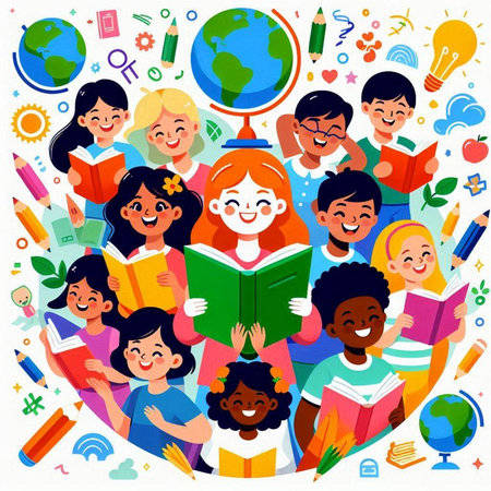 Vector illustration of a group of children reading books in the classroom.のイラスト素材