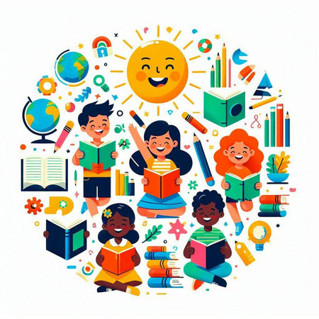 Vector illustration of children reading books and preparing for school. Education concept.のイラスト素材