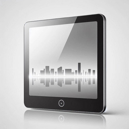 Tablet pc with a reflection of the city on a white backgroundのイラスト素材