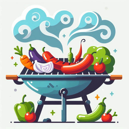 Barbecue grill with vegetables and spices. Vector illustration in flat styleのイラスト素材
