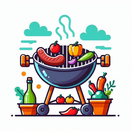 Barbecue grill with vegetables and meat. Vector illustration in cartoon style.のイラスト素材