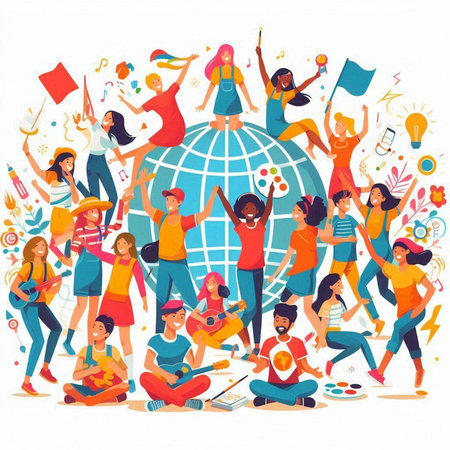 Happy young people having fun and dancing around the globe. Vector illustration.のイラスト素材
