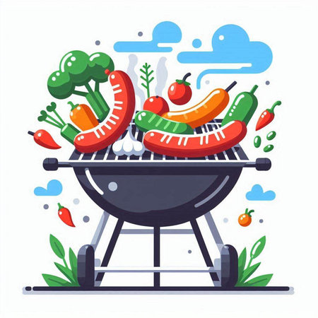 Barbecue grill with vegetables. Vector illustration in flat cartoon style.のイラスト素材
