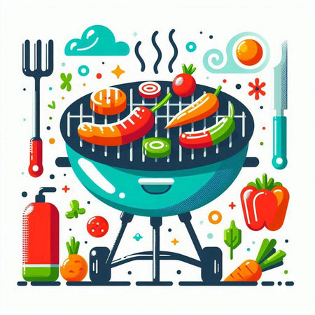Barbecue grill with vegetables. Vector illustration in flat cartoon style.のイラスト素材