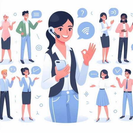 Businesswoman in call center. Girl with phone and speech bubble.のイラスト素材