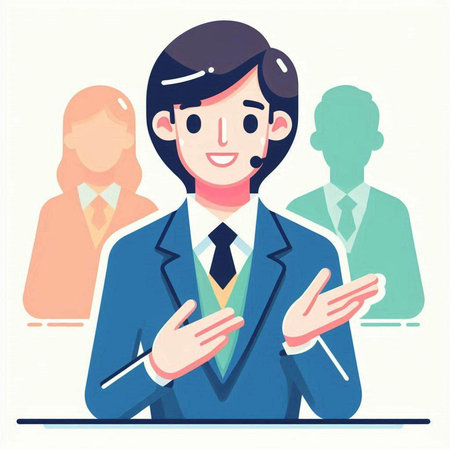 Vector illustration of a young businessman in a suit applauding during a conference.のイラスト素材