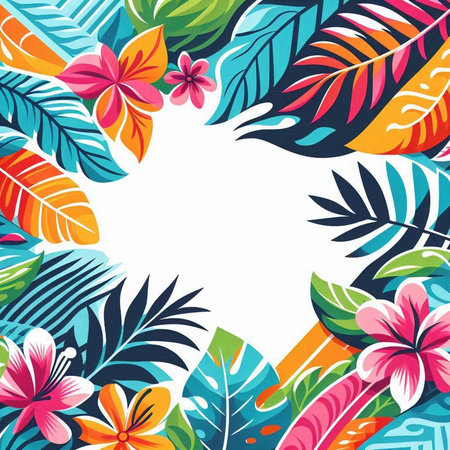 Tropical background with palm leaves and flowers. Vector illustration.のイラスト素材
