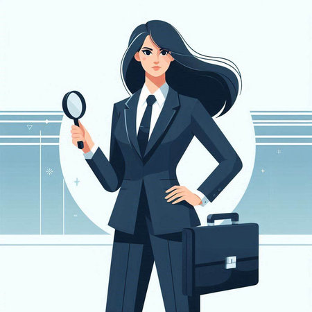 Businesswoman with magnifying glass and briefcase. Vector illustration.のイラスト素材