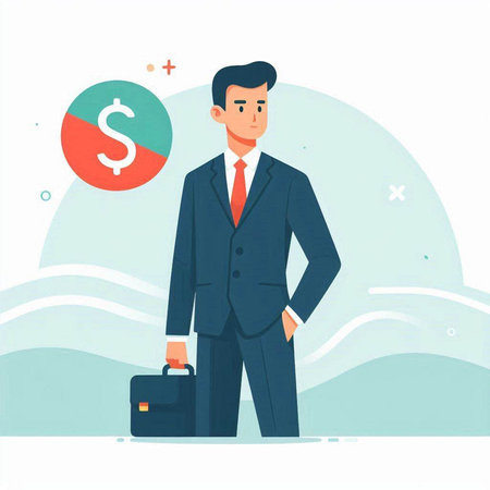 Businessman with briefcase and dollar sign. Vector illustration in flat styleのイラスト素材